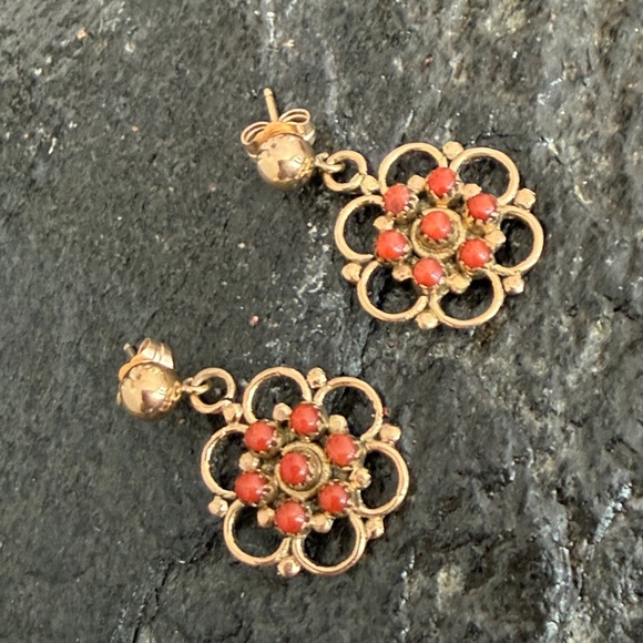 Vintage Zuni Native American Handcrafted 14K Red Coral Earrings - Picture 10 of 12